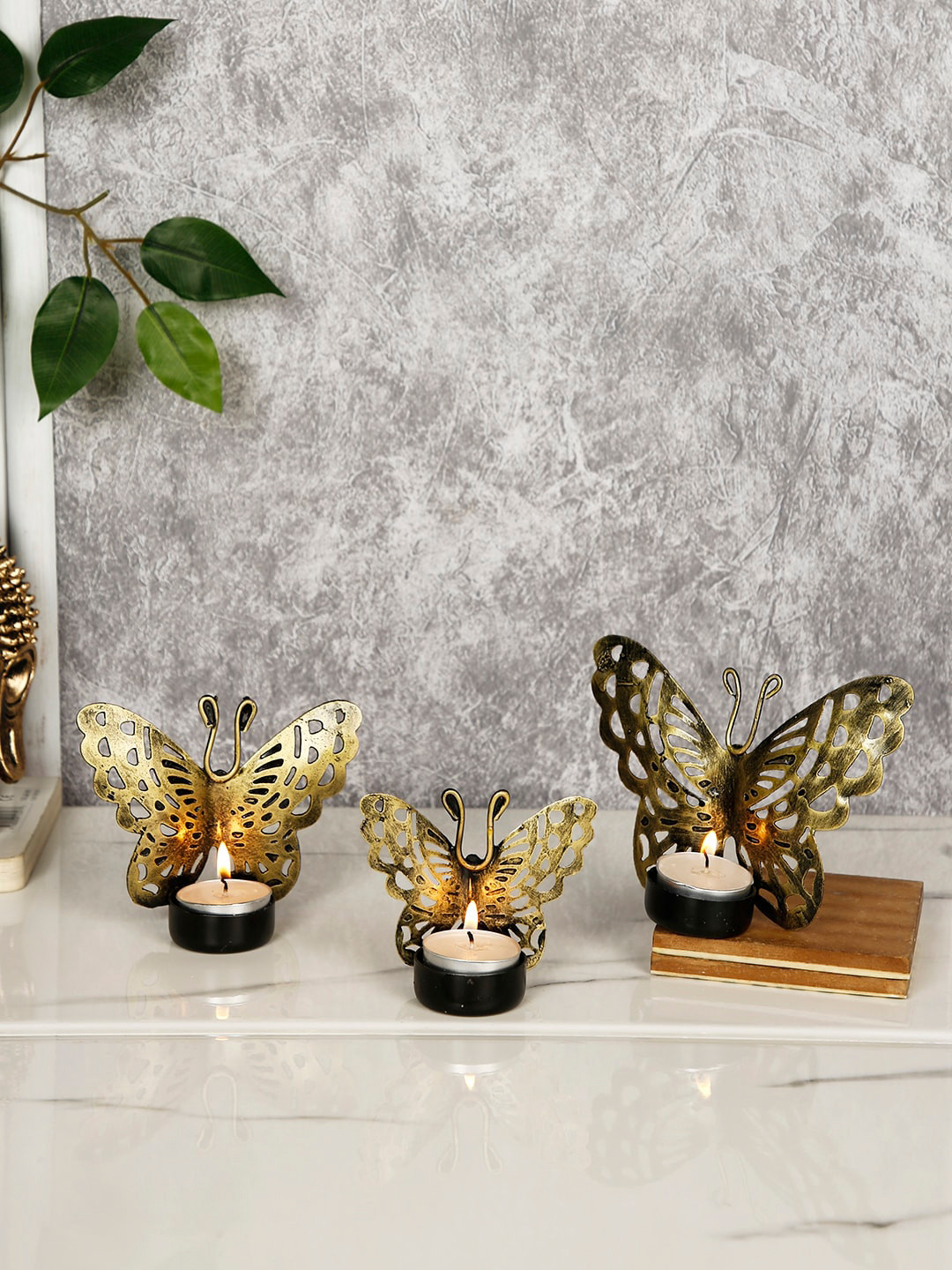 CraftVatika Gold Set of 3 Iron Butterfly Tea Light Candle Holder