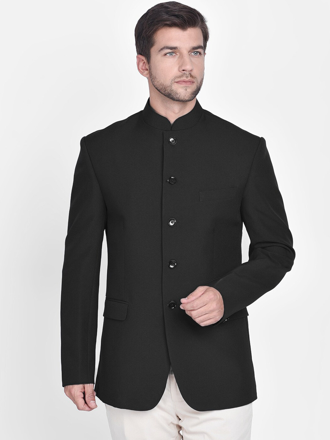 Blacksmith Men Black Solid Bandhgala Formal Blazer