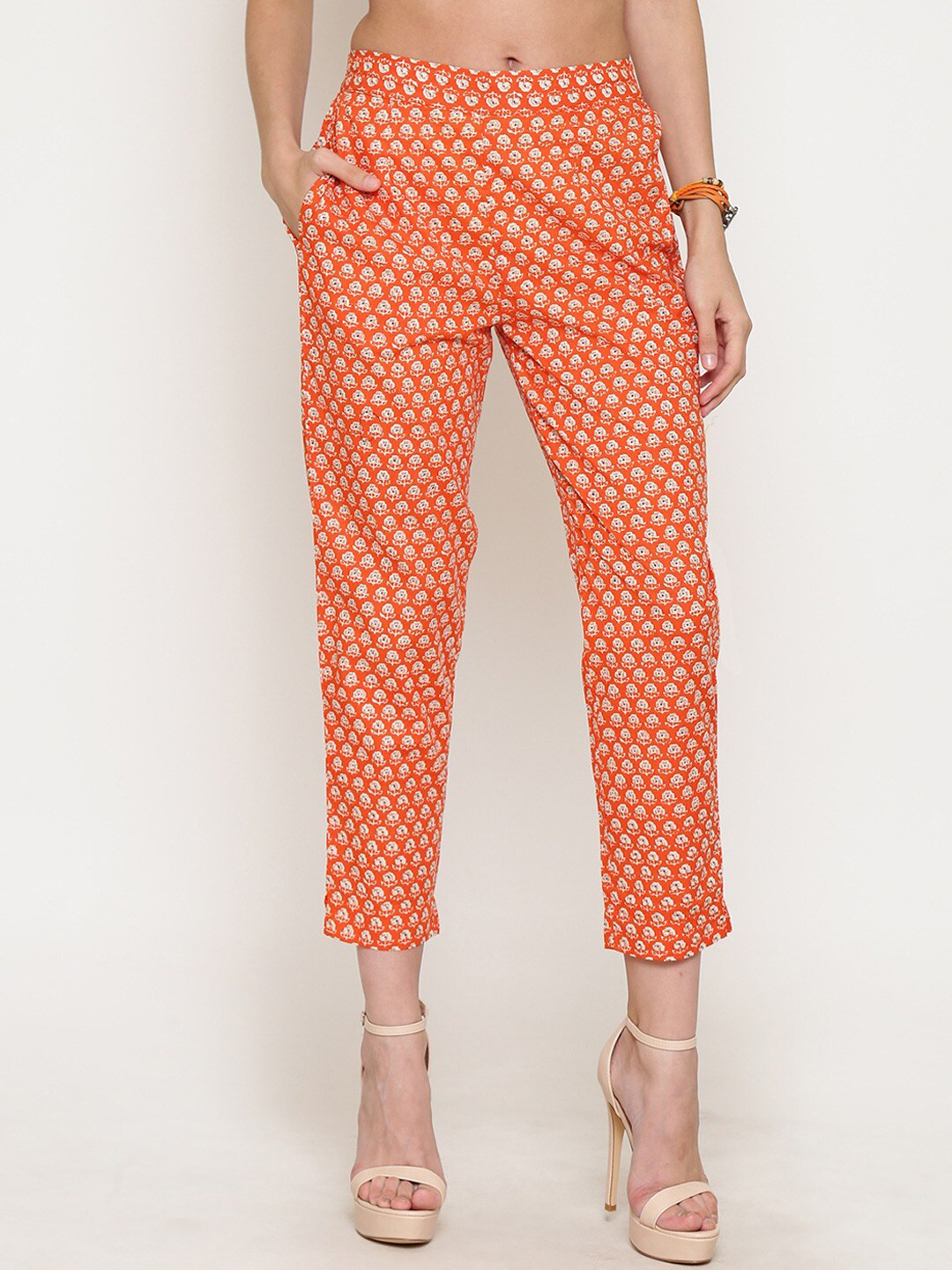 Sera Women Orange Floral Printed Cigarette Trousers