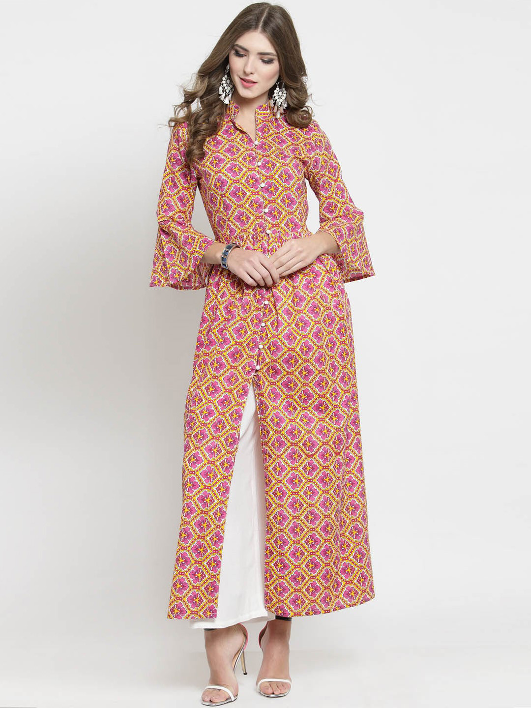 Sera Women Pink Ethnic Motifs Printed High Slit Pure Cotton Kurta with Trousers