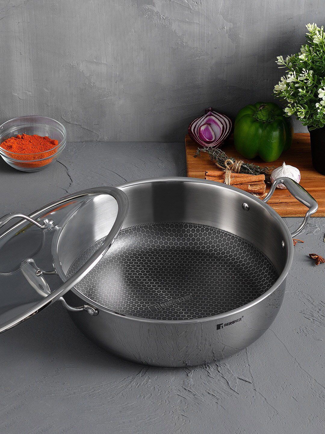 Bergner Hitech TriPly Stainless Steel Non-Stick 28 cm (5.7 L) Induction Base Pan with Lid