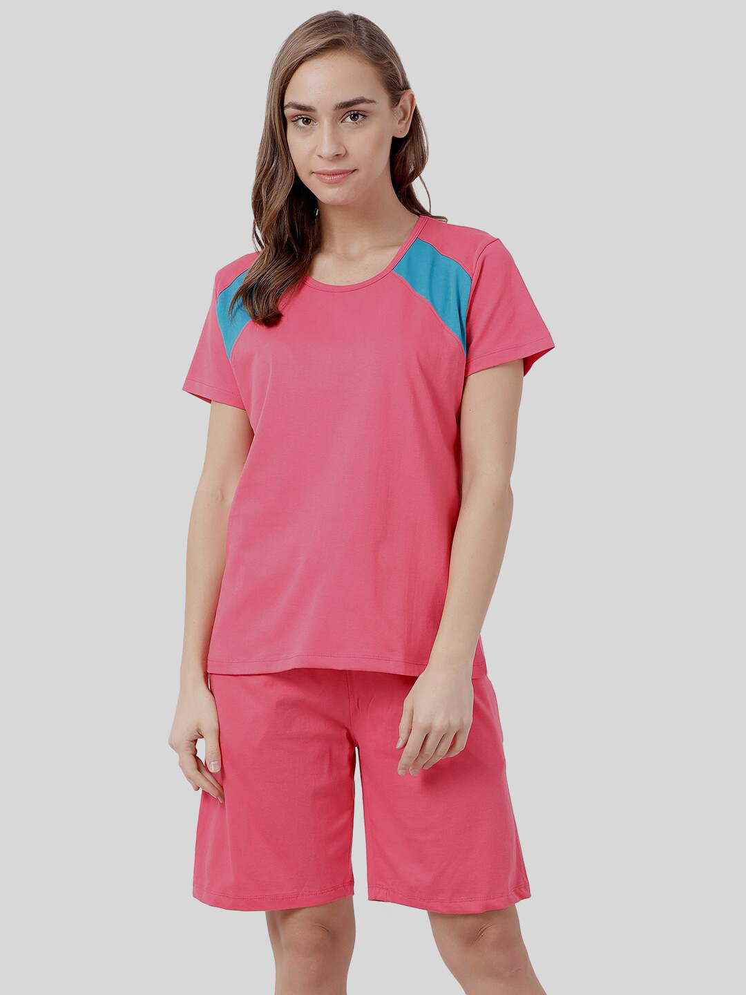 shyaway Women Pink & Turquoise Blue Colourblocked Night Suit