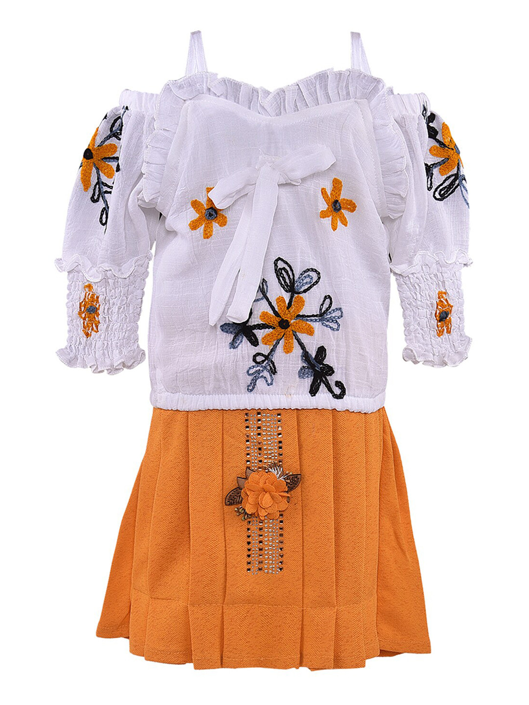 Wish Karo Girls Yellow & White Embellished Top with Skirt