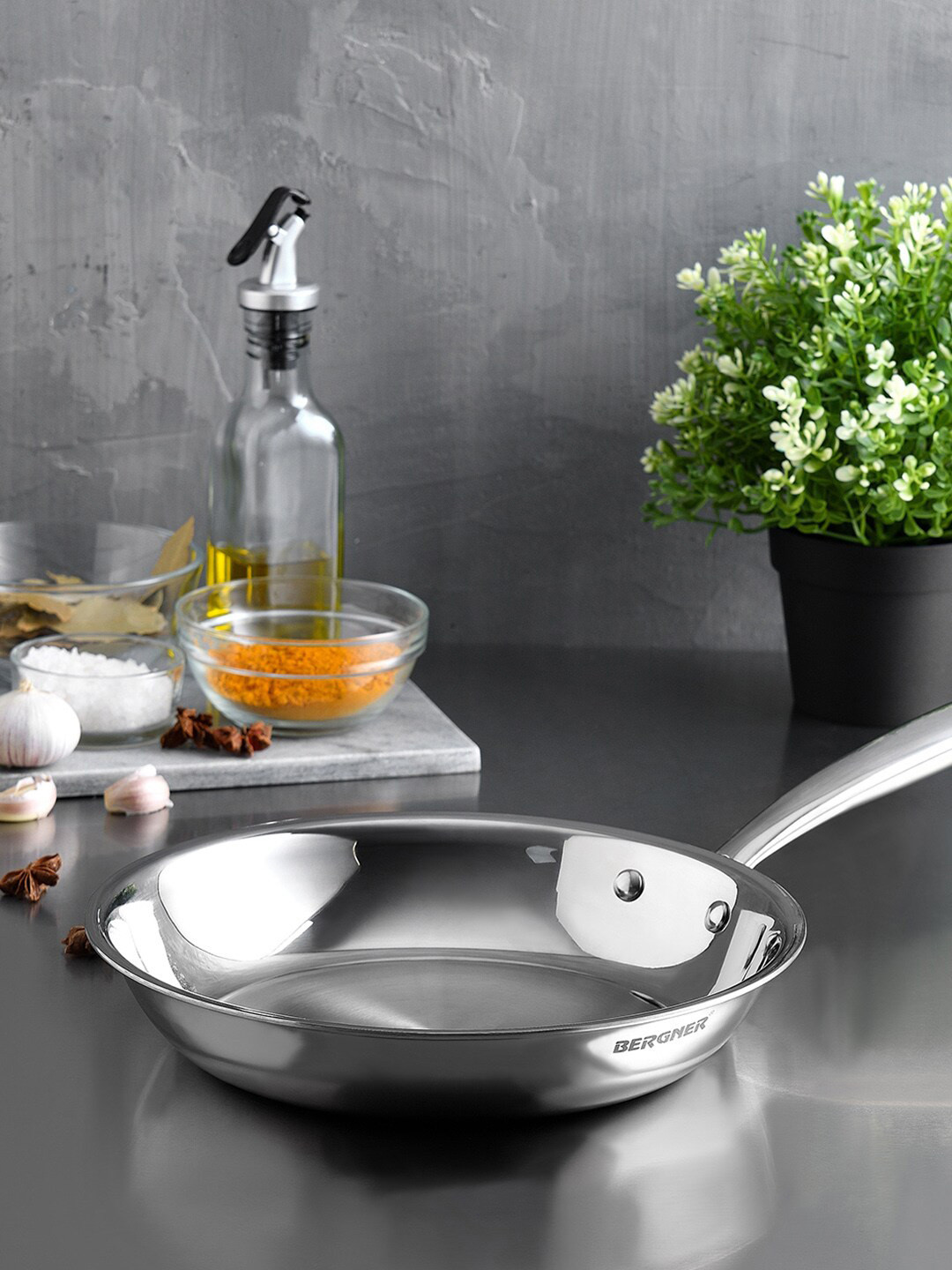 Bergner Argent TriPly 24 cm Frypan / Induction Base Steel Pan with Stay Cool Long Handle