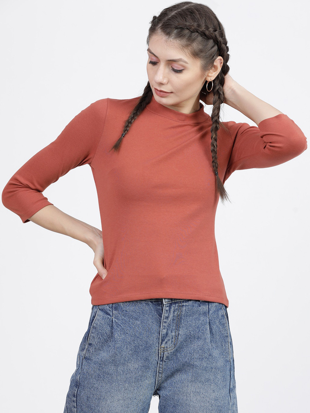 Tokyo Talkies Women Rust High Neck T-shirt
