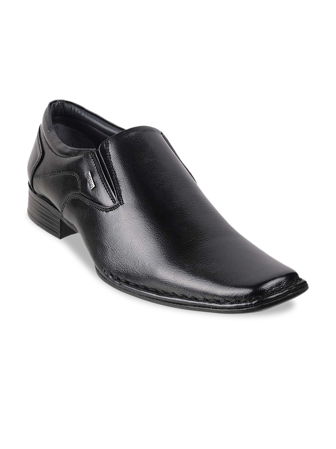 Metro Men Black Textured Leather Formal Slip-Ons