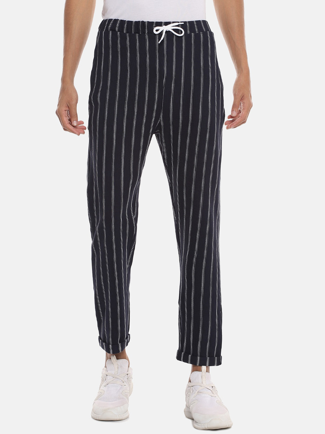 Campus Sutra Men Navy-Blue & White Striped Straight-Fit Cotton Track Pants