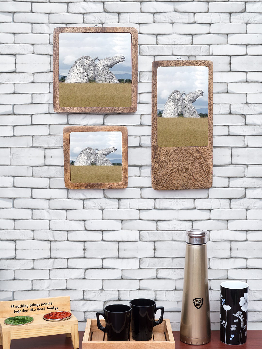 Golden Peacock Set Of 3 Brown Wooden Serving Trays With Bowl