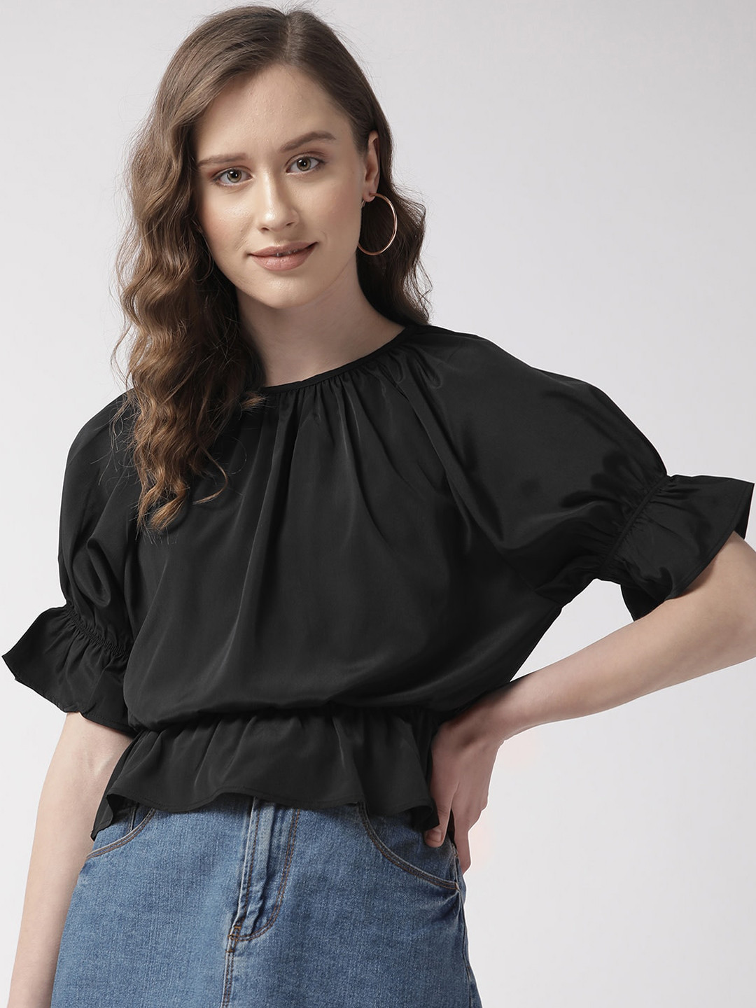 Sera Black Crepe Cinched Waist Top