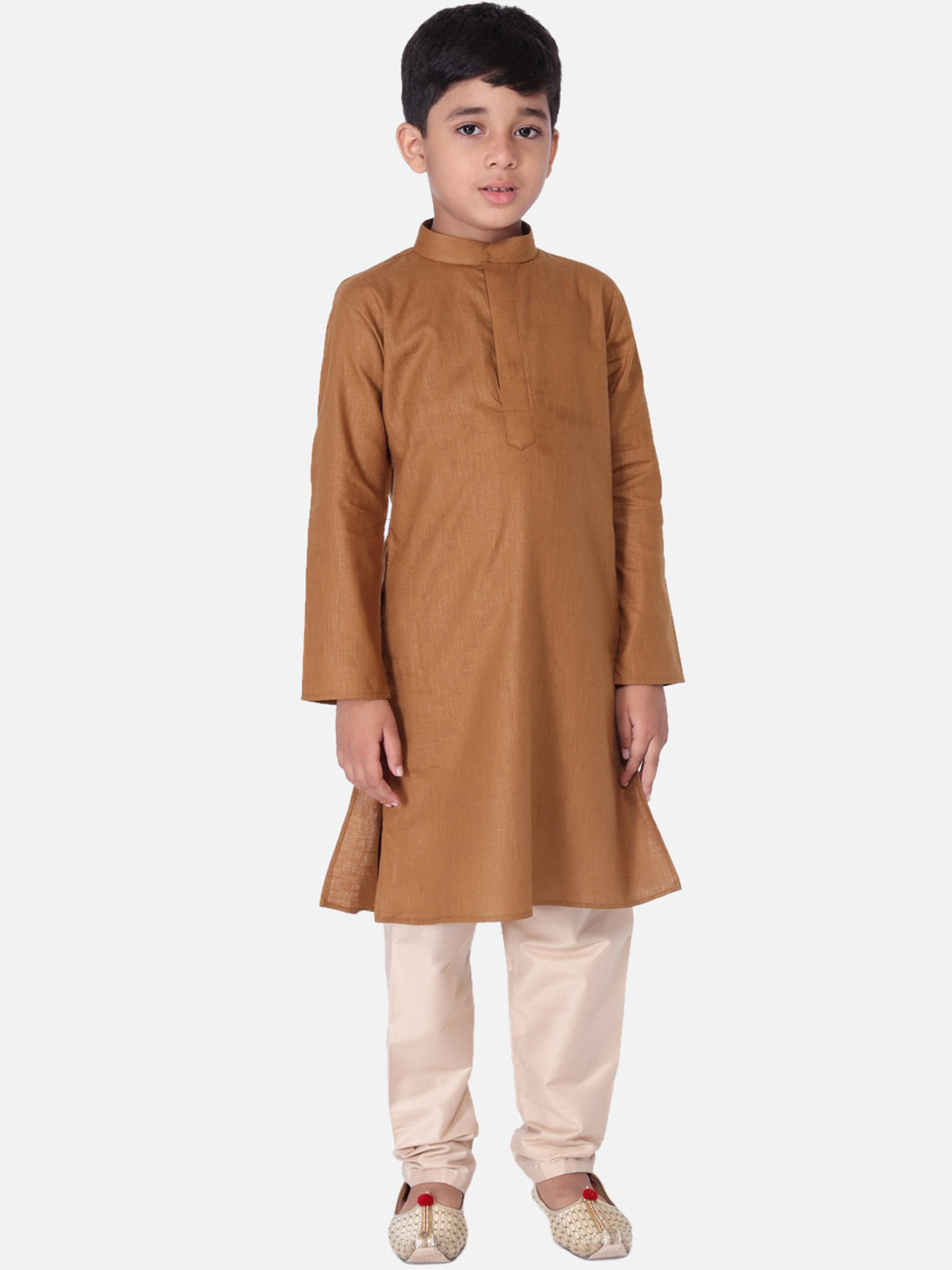TABARD Boys Brown & Beige Solid Regular Straight Pure Cotton Kurta with Churidar