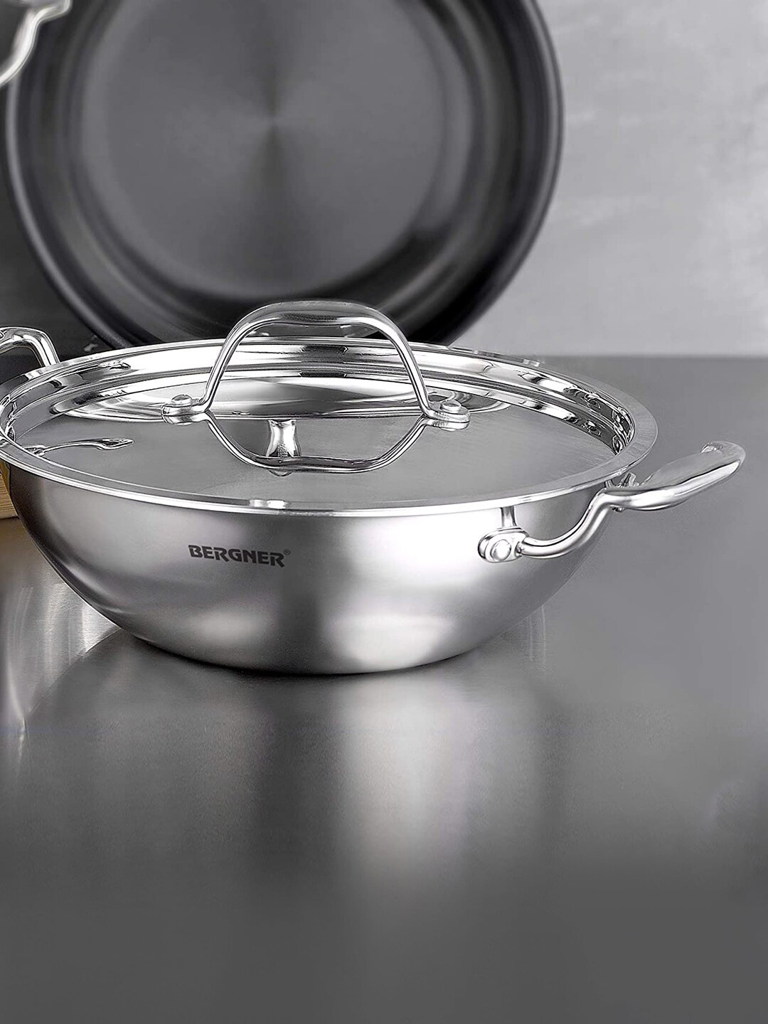 Bergner Argent TriPly Stainless Steel Induction Bottom 36 cm (6.1 L) Kadai with Lid