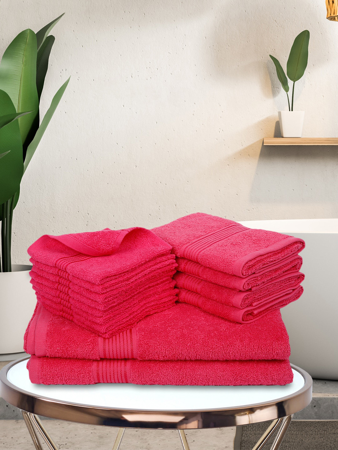 KOPA Set Of 14 Pink Solid 380 GSM Pure Cotton Towel Set