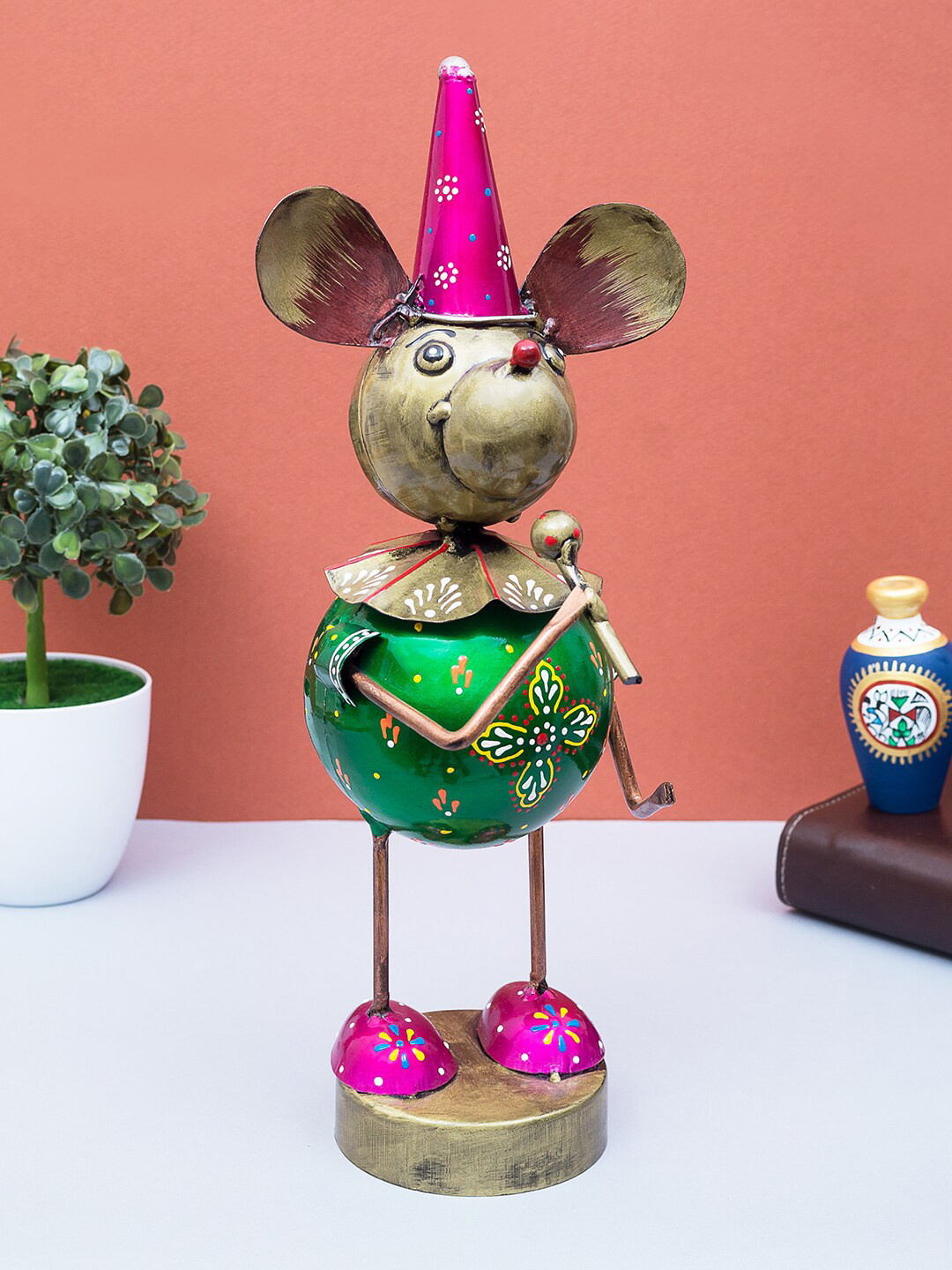 Golden Peacock Monkey Musician Gold Iron Metallic Living Room Hand-Painted Medium Showpiece - 12.6 Inches