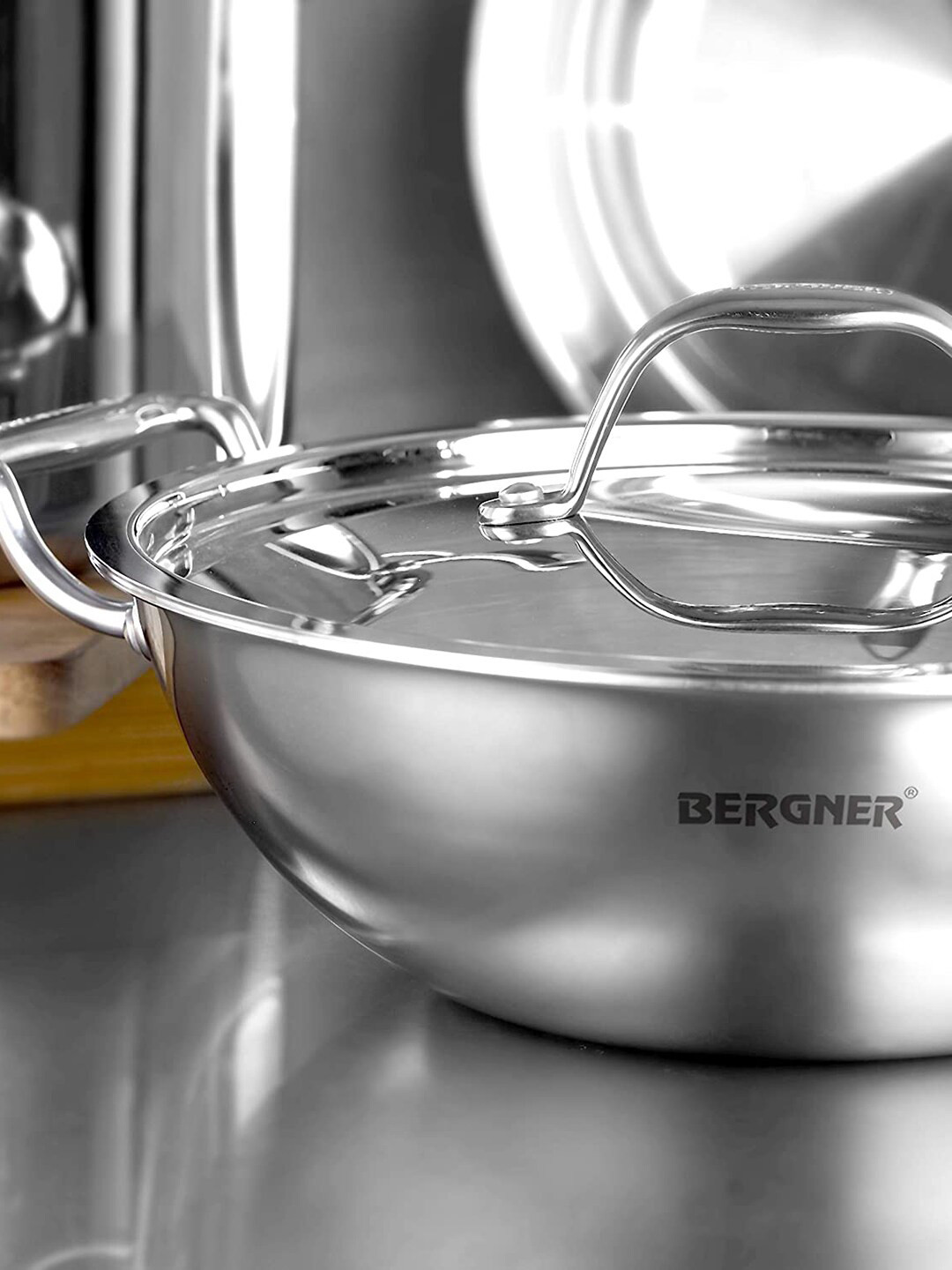 BERGNER Induction Bottom Argent TriPly Stainless Steel Kadai with Lid 2L
