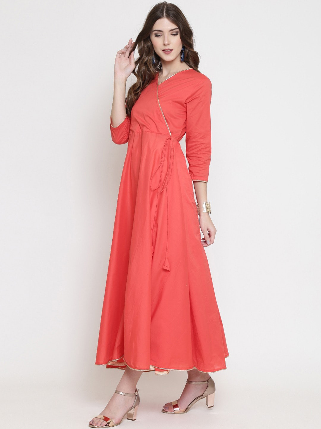 Sera Women Coral Angrakha Anarkali Pure Cotton Kurta with Palazzos