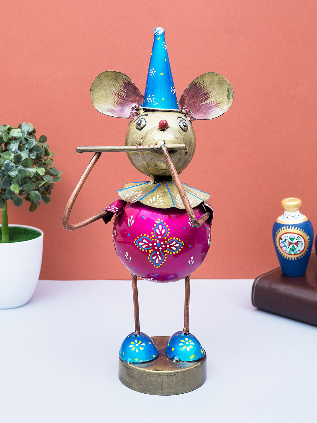 Golden Peacock Monkey Musician Pink Iron Metallic Living Room Music Medium Showpiece - 12.6 Inches