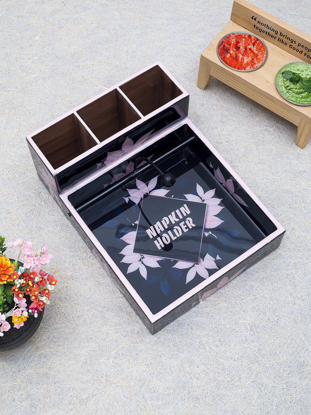 Golden Peacock Black & Pink Printed Cutlery & Tissue Holder