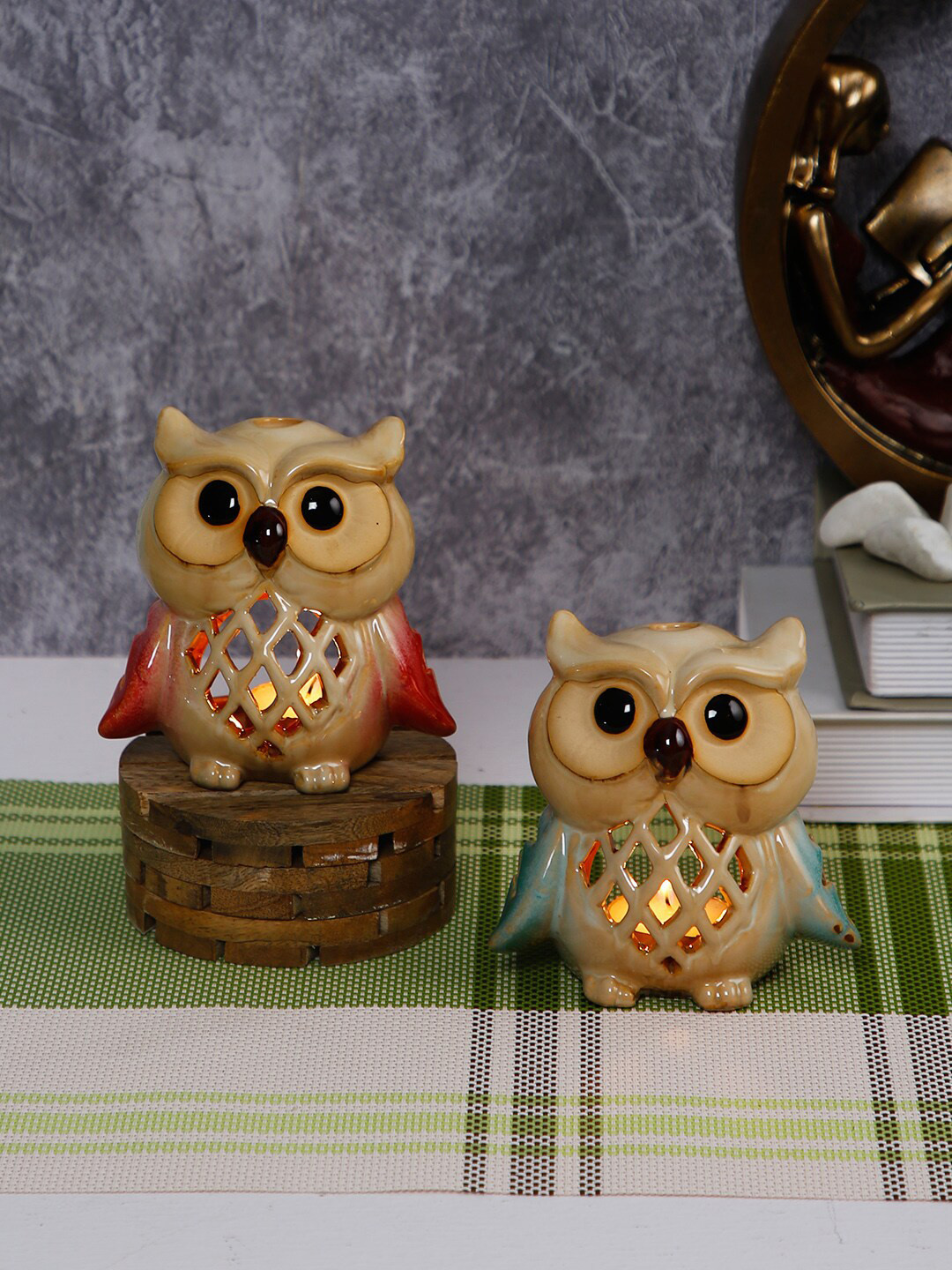 TAYHAA Set Of 2 Beige & Black Fairy Owl Tealights Candle Holders