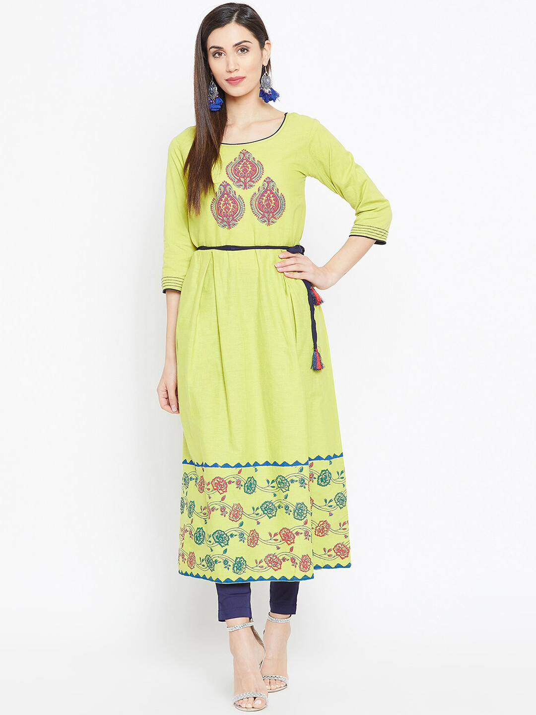 WineRed Women Green & Orange Ethnic Motifs Printed Anarkali Cotton Kurta