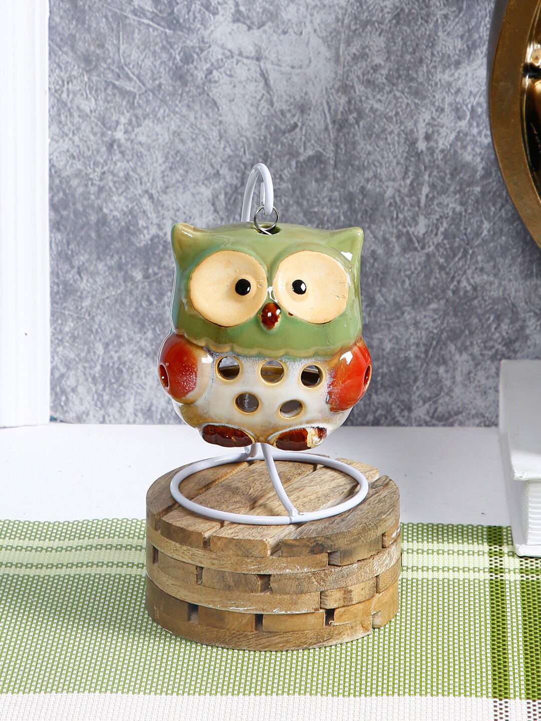 TAYHAA Beige & Green Handcrafted Chandelier Owl Tealight Candle Holder