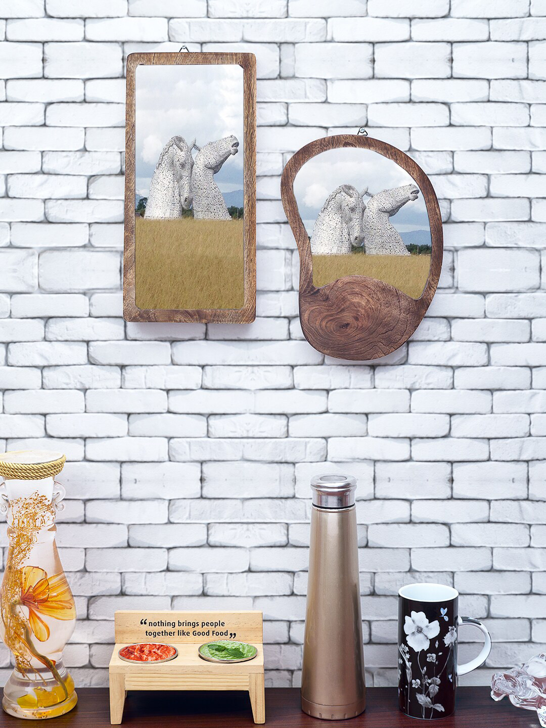 Golden Peacock Set Of 2 Brown & White Printed Wooden Serving Trays With Bowl