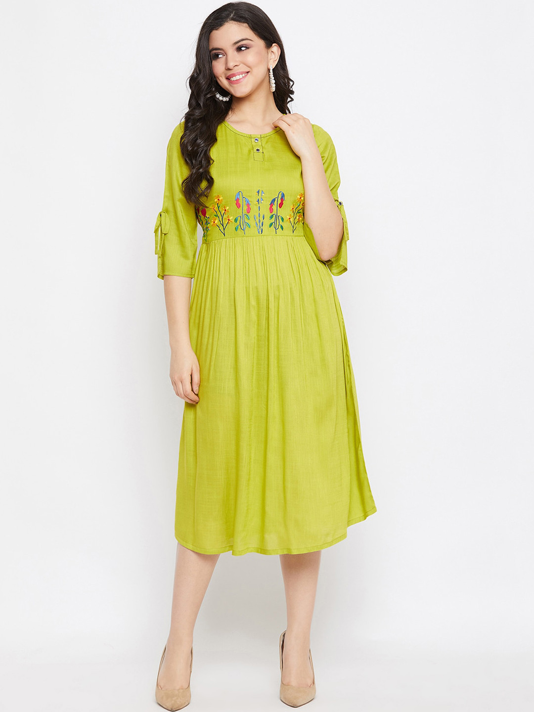 WineRed Green Midi Dress With Embroidery