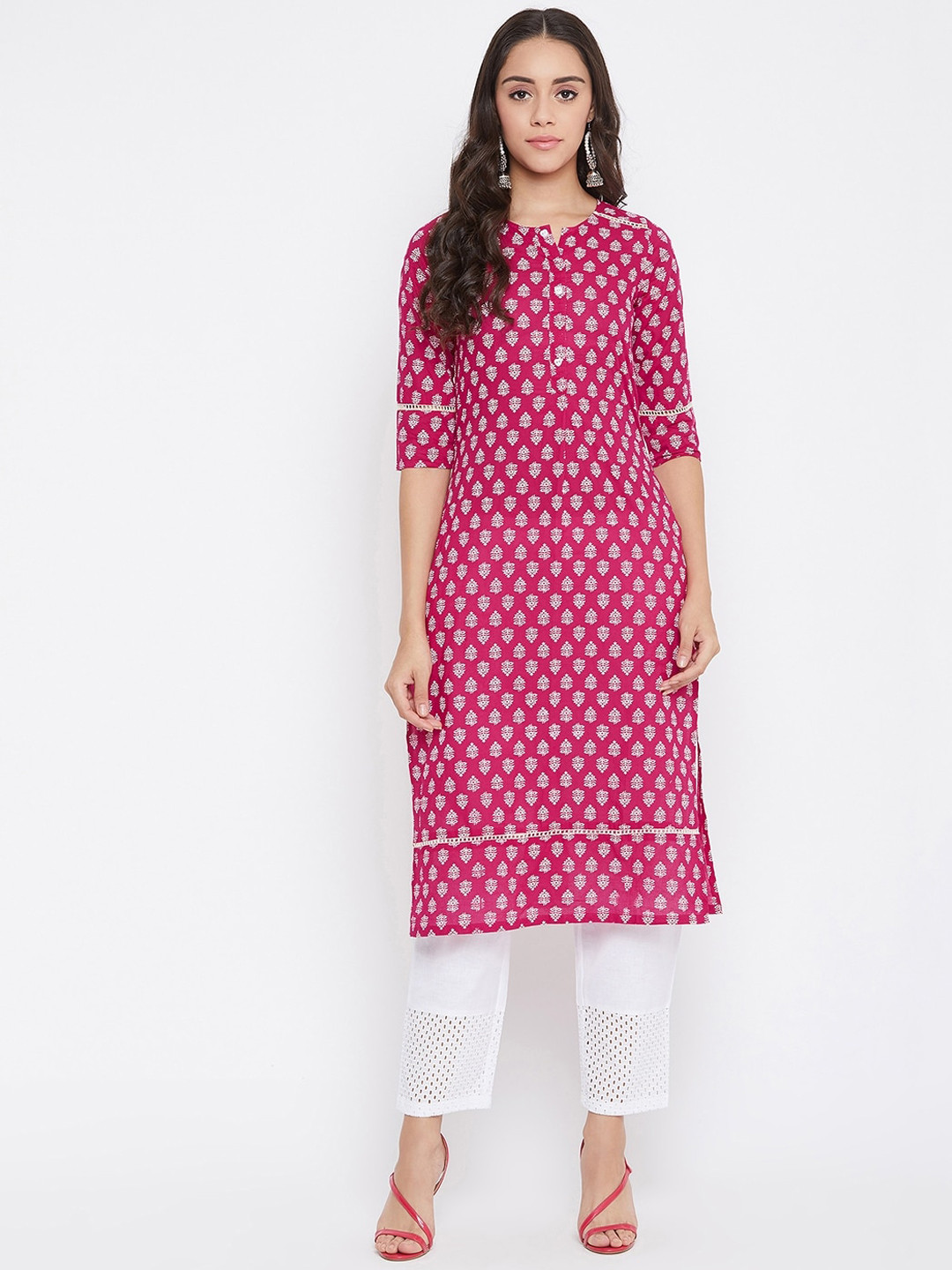 WineRed Women Magenta Ethnic Motifs Printed Pure Cotton Kurta with Trousers