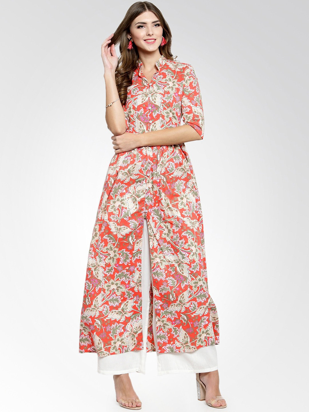 Sera Women Orange & Green Floral Printed High Slit A-Line Pure Cotton Kurta with Palazzos