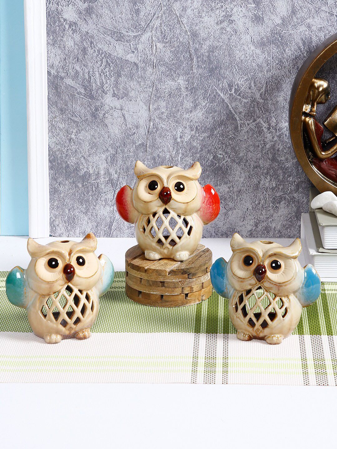 TAYHAA Set Of 3 Beige Handcrafted Fairy Owl Tealight Candle Holders