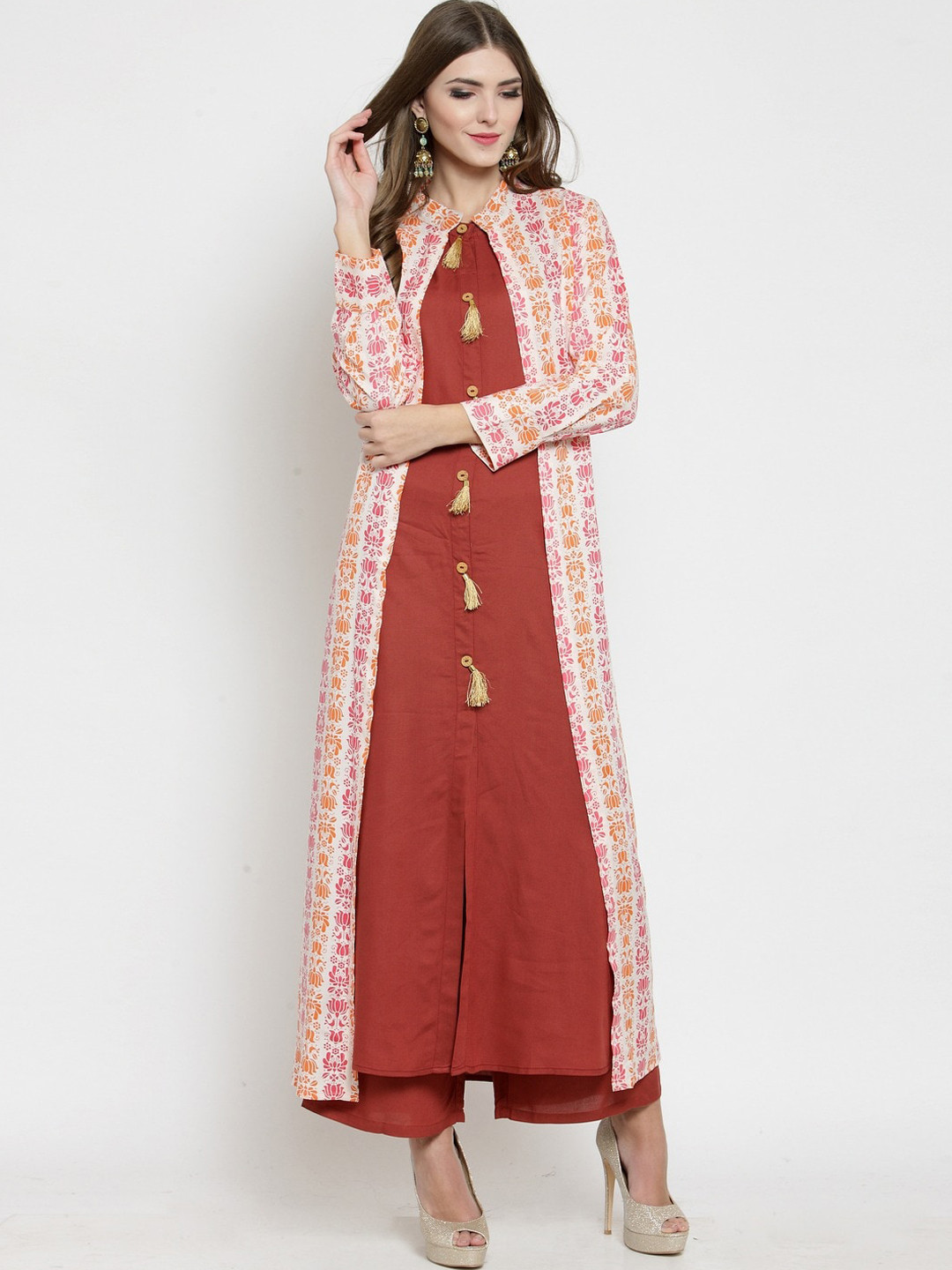 Sera Women Pink & Brown Floral Printed Layered Floor Length A-Line Kurta with Palazzos