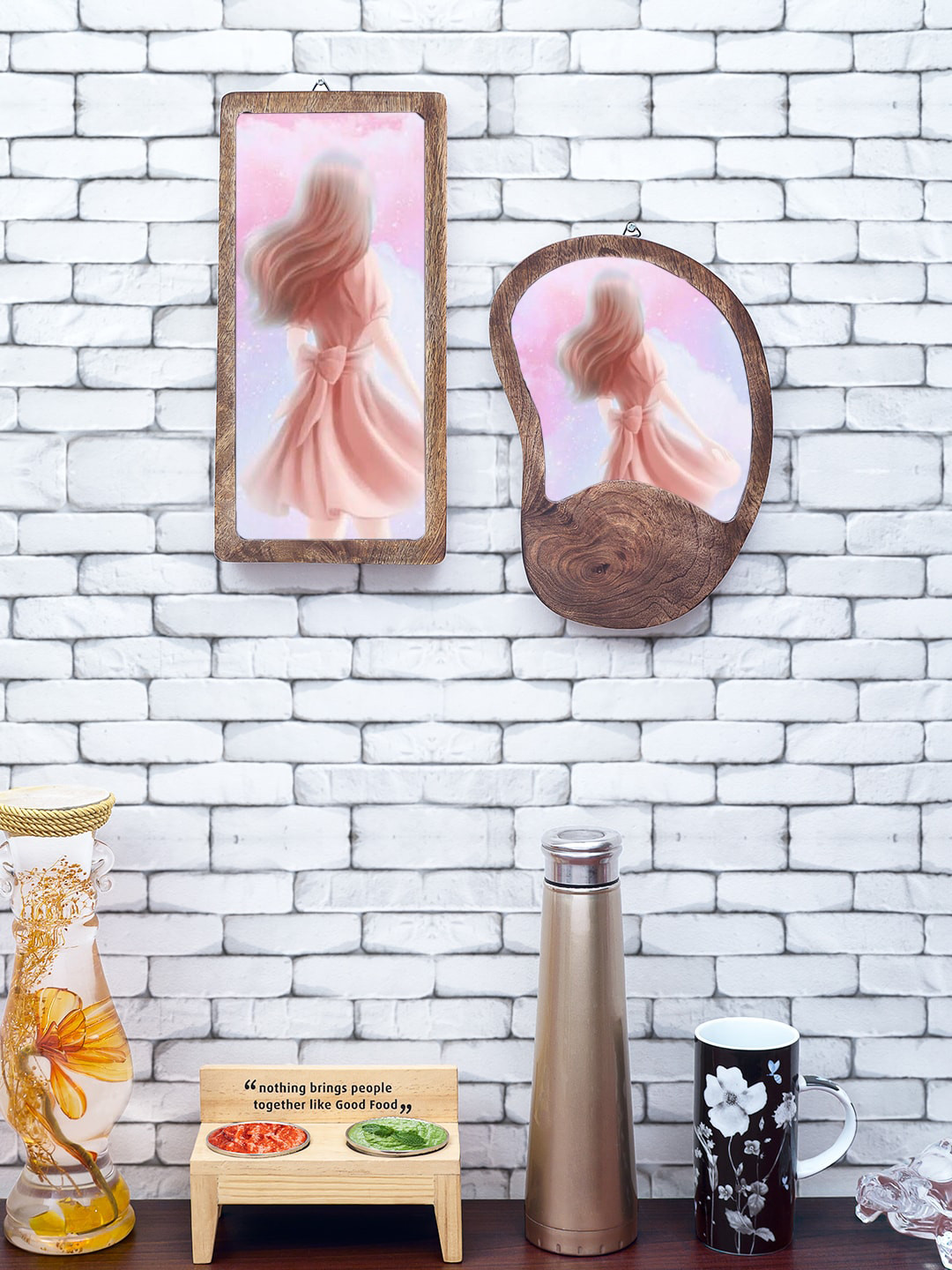 Golden Peacock Set Of 2 Brown & Pink Wooden Serving Trays With Bowl