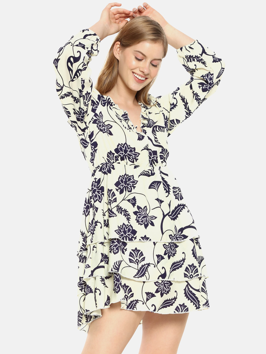 PINACOLADA Cream & Navy Blue Floral Crepe Mini Dress