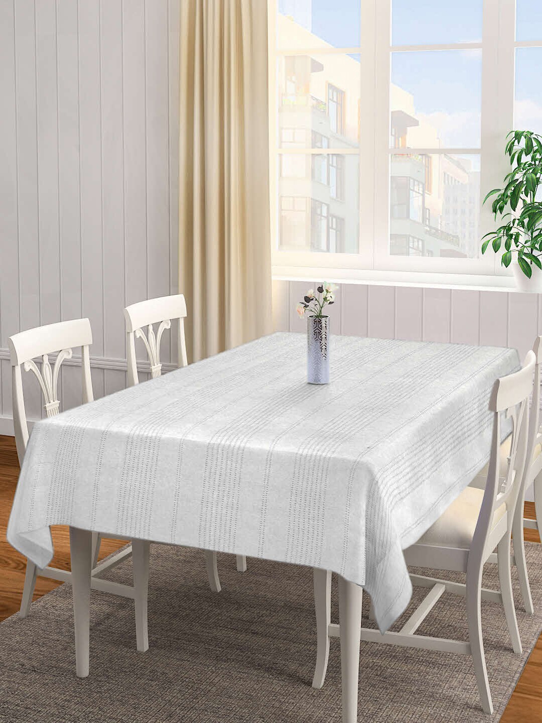 KLOTTHE Grey   White Striped Cotton 6 Seater Rectangular Table Cover