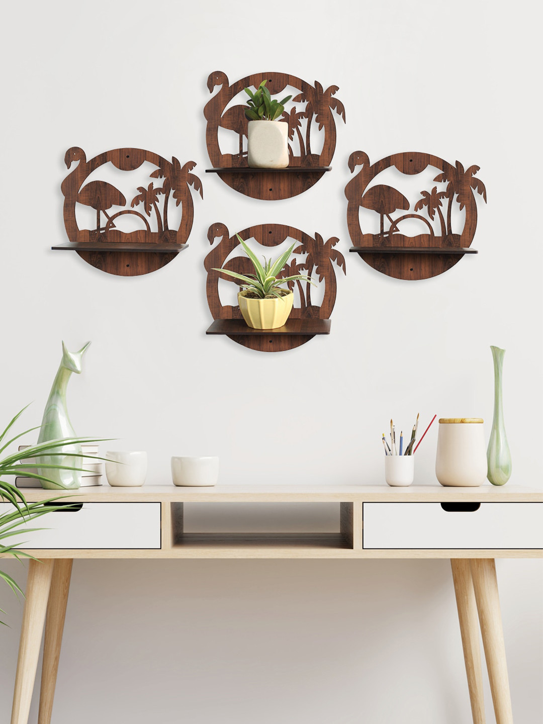 RANDOM Set of 4 Coffee Brown MDF Basic Wall Shelves