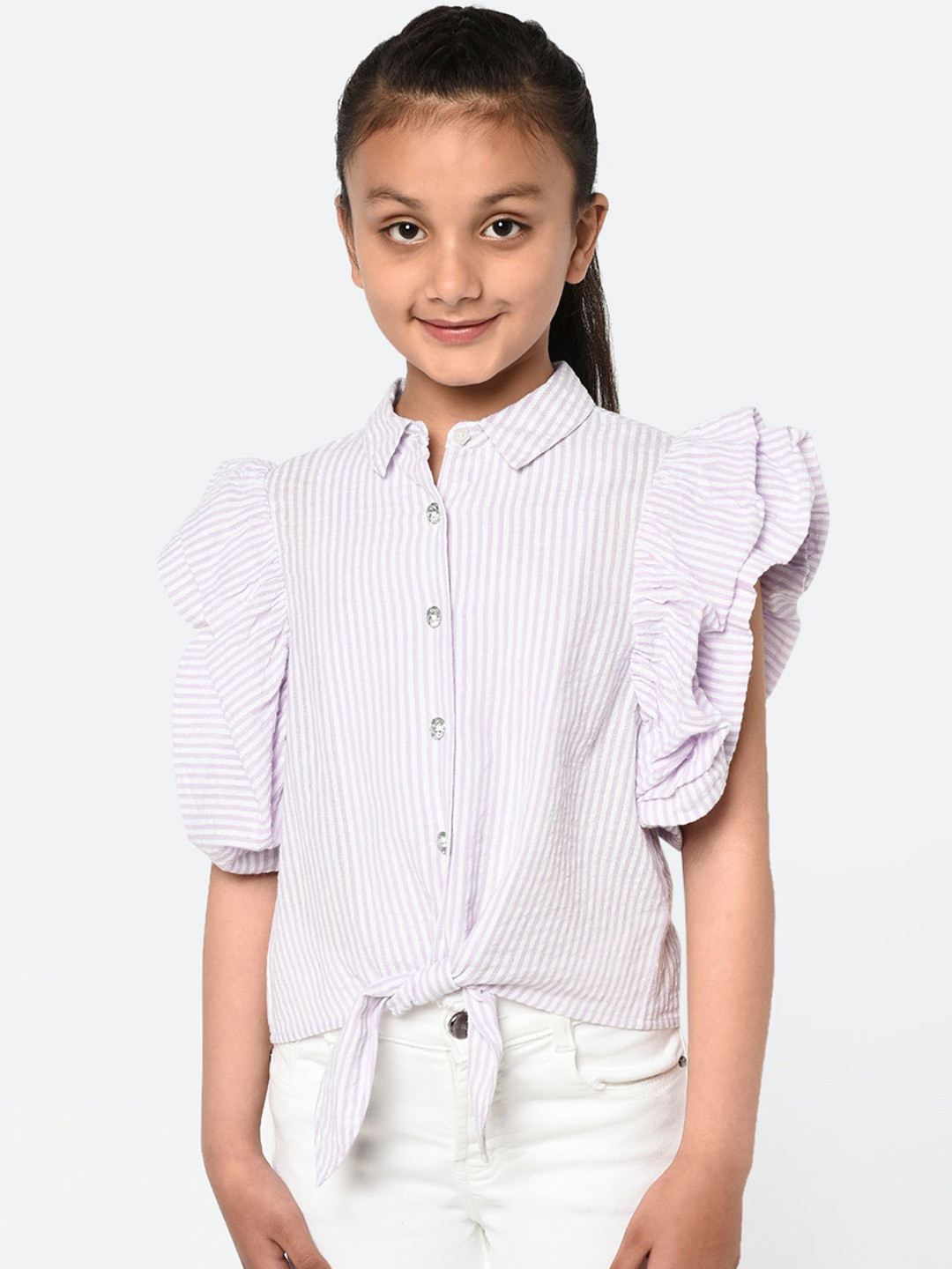 BLANC9 Girls White & Purple Striped Shirt Style Top