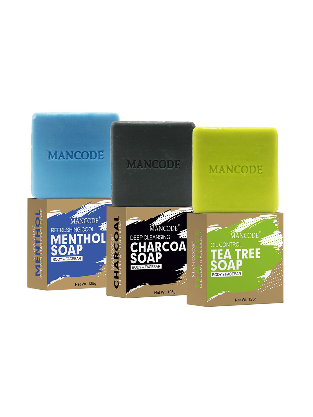 MANCODE Pack of 3 Tea Tree Oil Control, Cool Menthol And Charcoal Soap 125 g Each