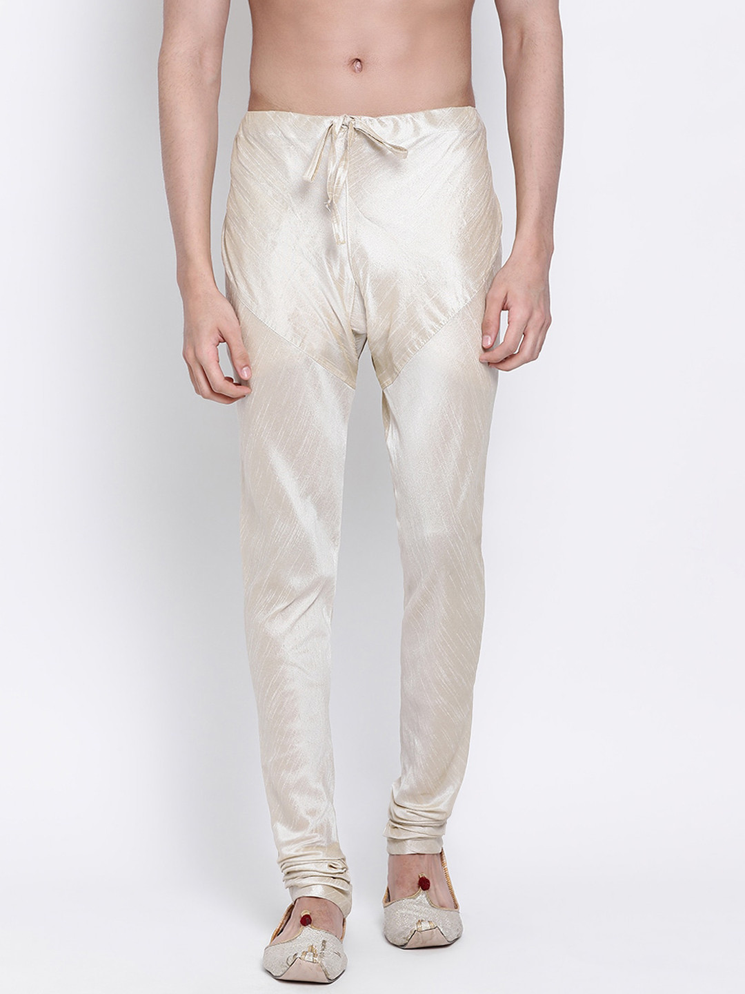 Sanwara Men Cream-Coloured Solid Art Silk Churidar