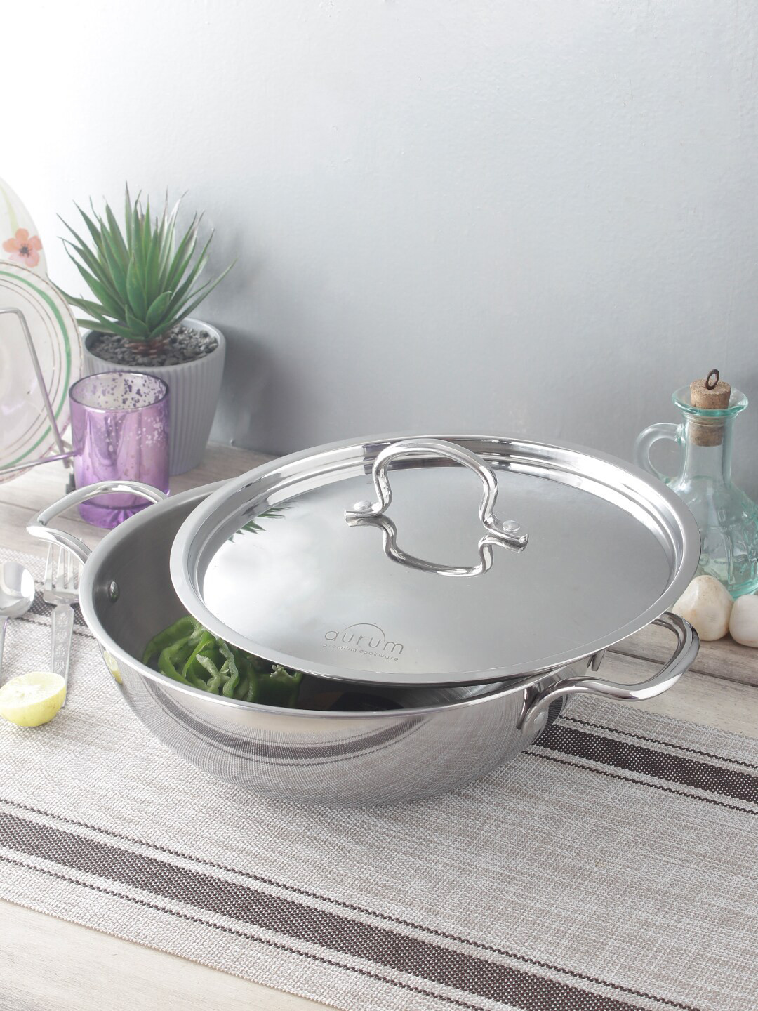 AURUM Silver-Toned Triply Stainless Steel Kadai with Stainless Steel Lid 2.6 L