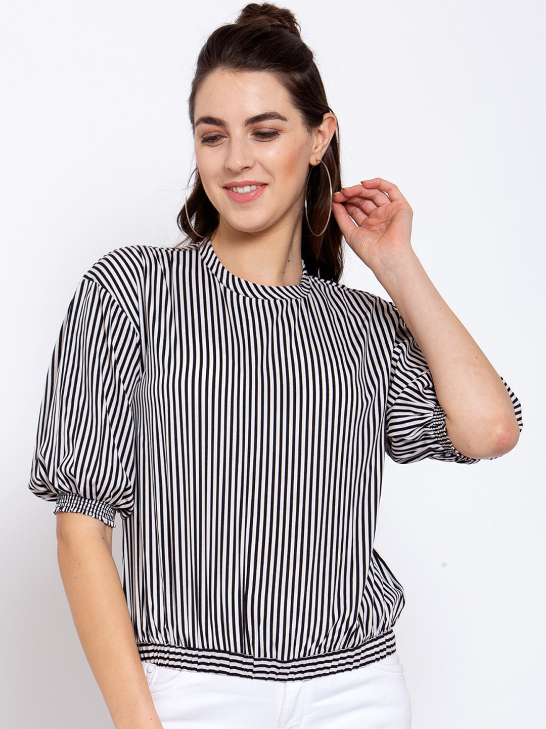 Style Quotient Black & White Striped Crepe Blouson Top