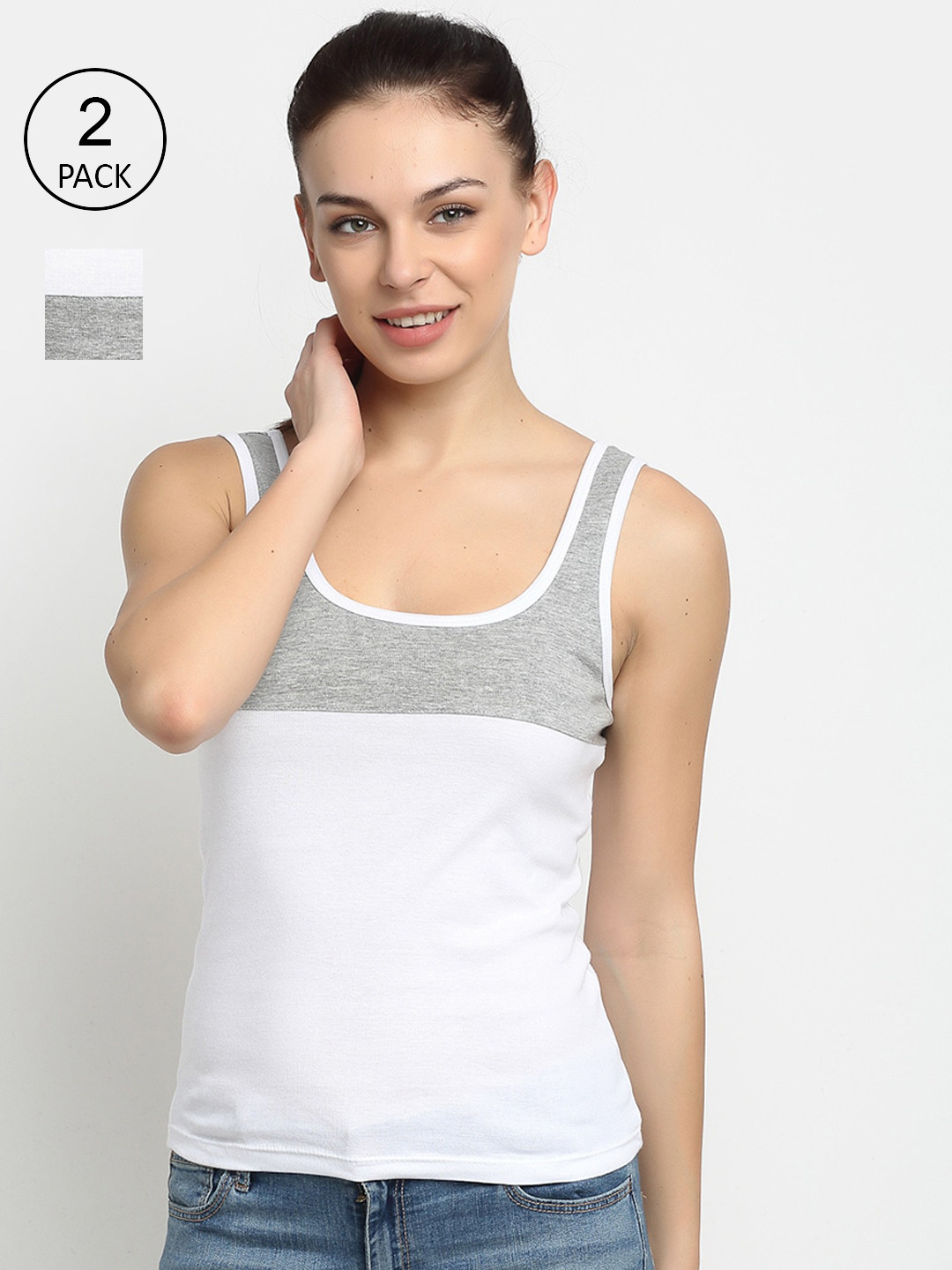 Friskers Pack Of 2 White & Grey Colourblocked Tank Tops