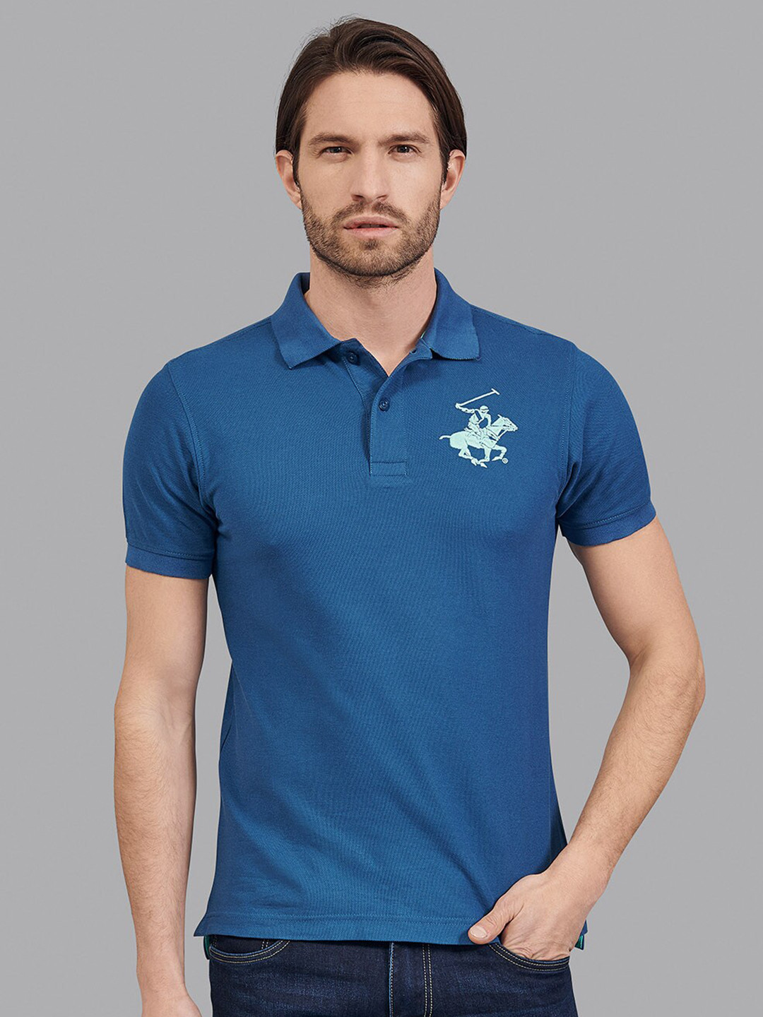 Beverly Hills Polo Club Men Blue Self Design Polo Collar T-shirt