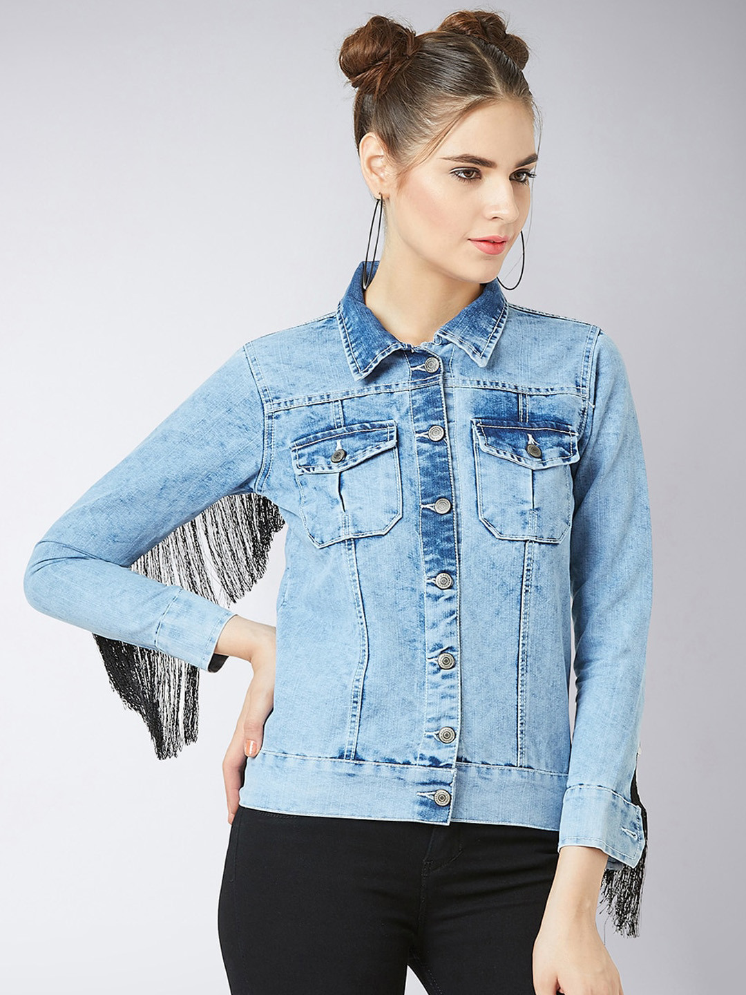 Miss Chase Women Blue Solid Frayed Denim Jacket