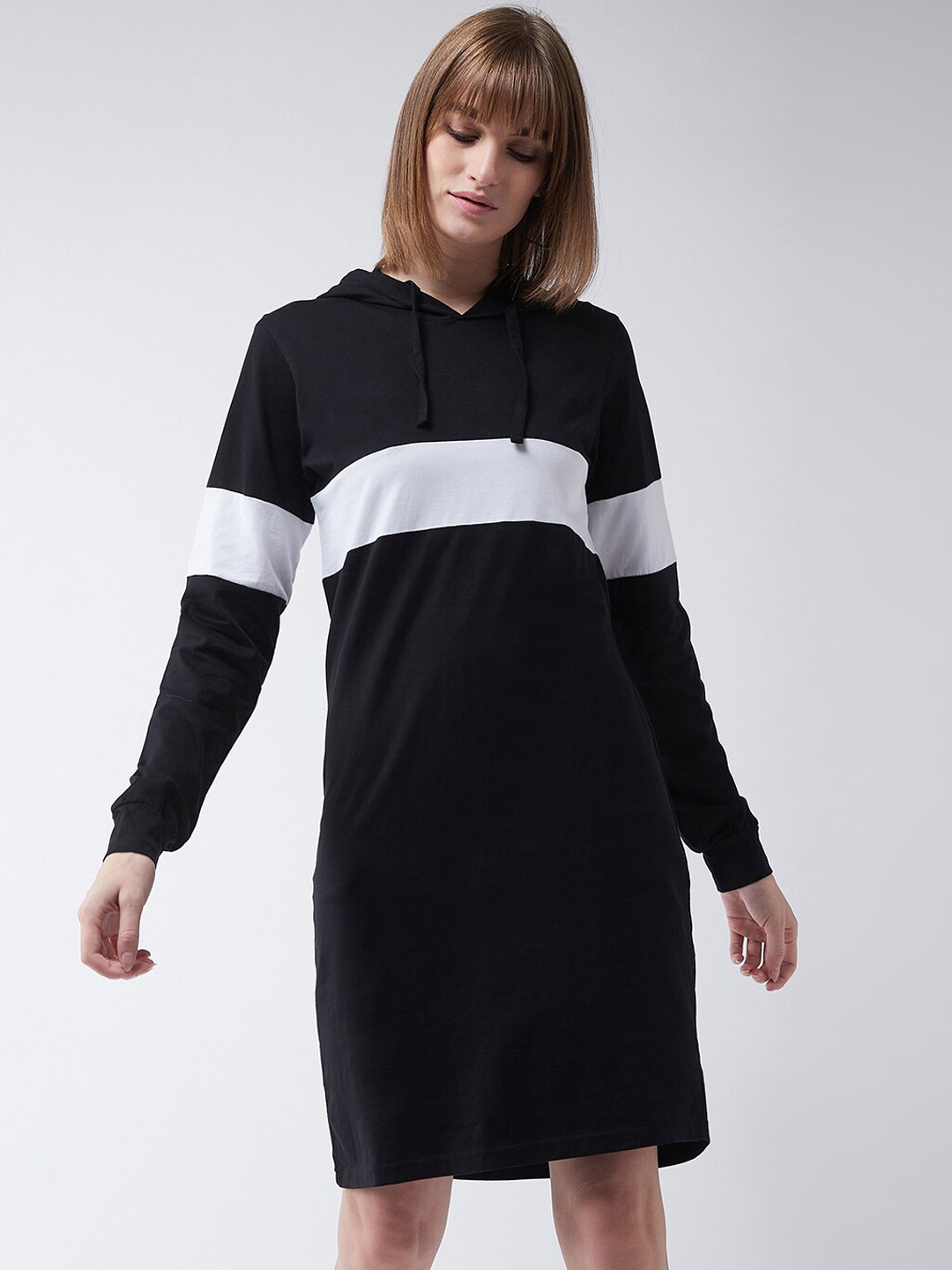Miss Chase Black & White Colourblocked Pure Cotton Jumper Dress