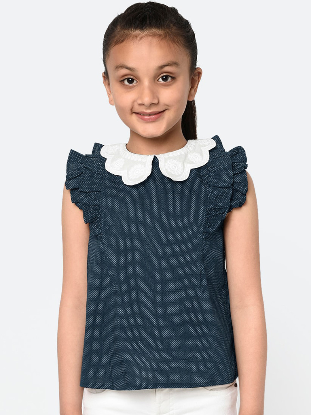 BLANC9 Girls Teal Blue Polka Dots Printed Peter Pan Collar Styled Back Top