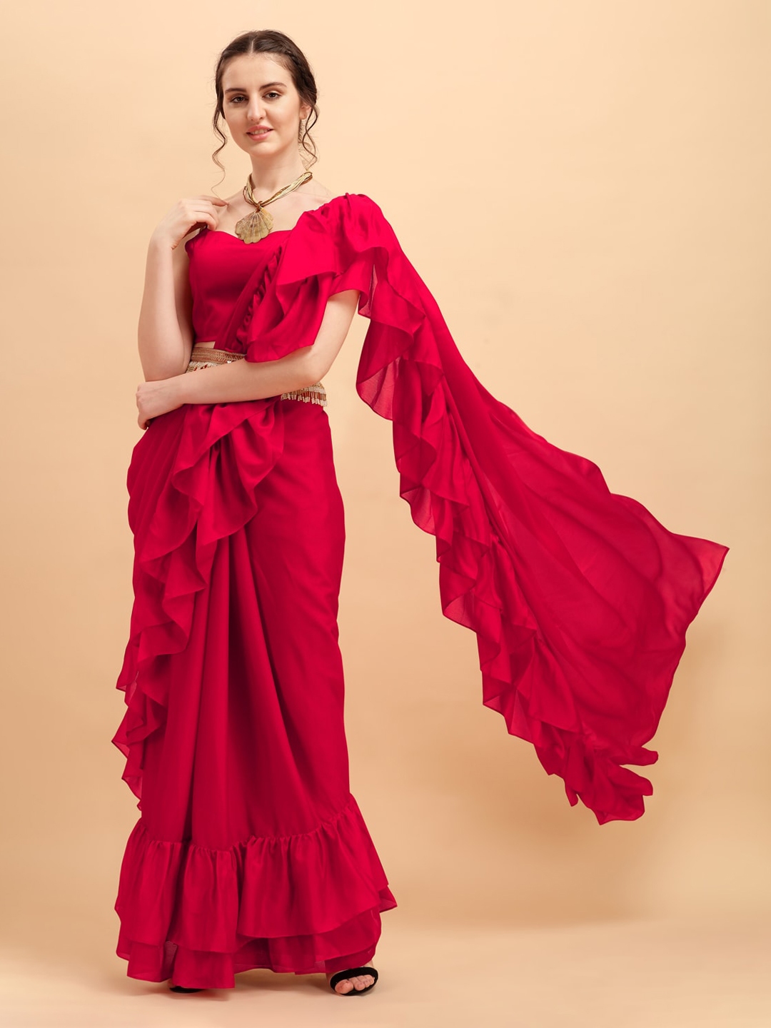 Buy Sangria Red Silk Blend Ruffle Saree - Sarees for Women ...
