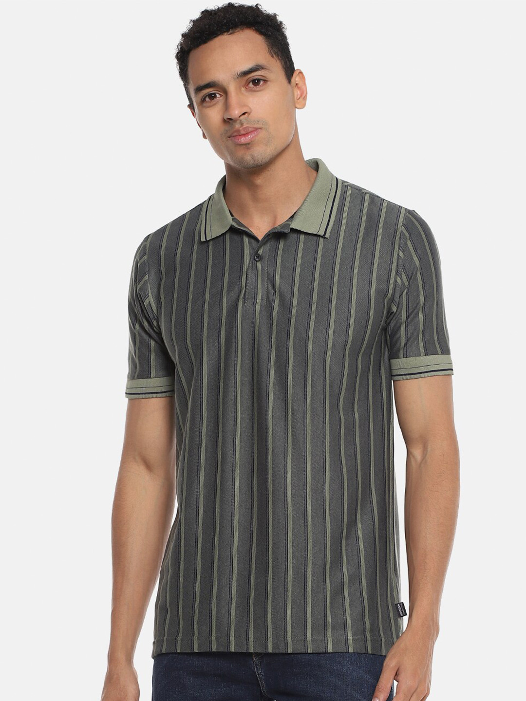Campus Sutra Men Olive & dusty olive   Striped Polo Collar T-shirt