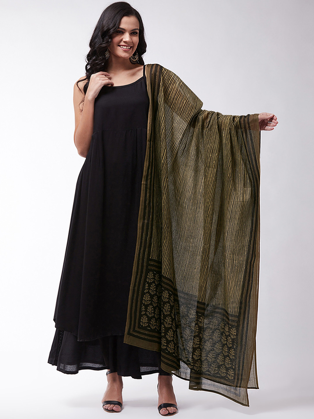 InWeave Women Black Printed Layered Fusion Kurta with Palazzos & With Dupatta