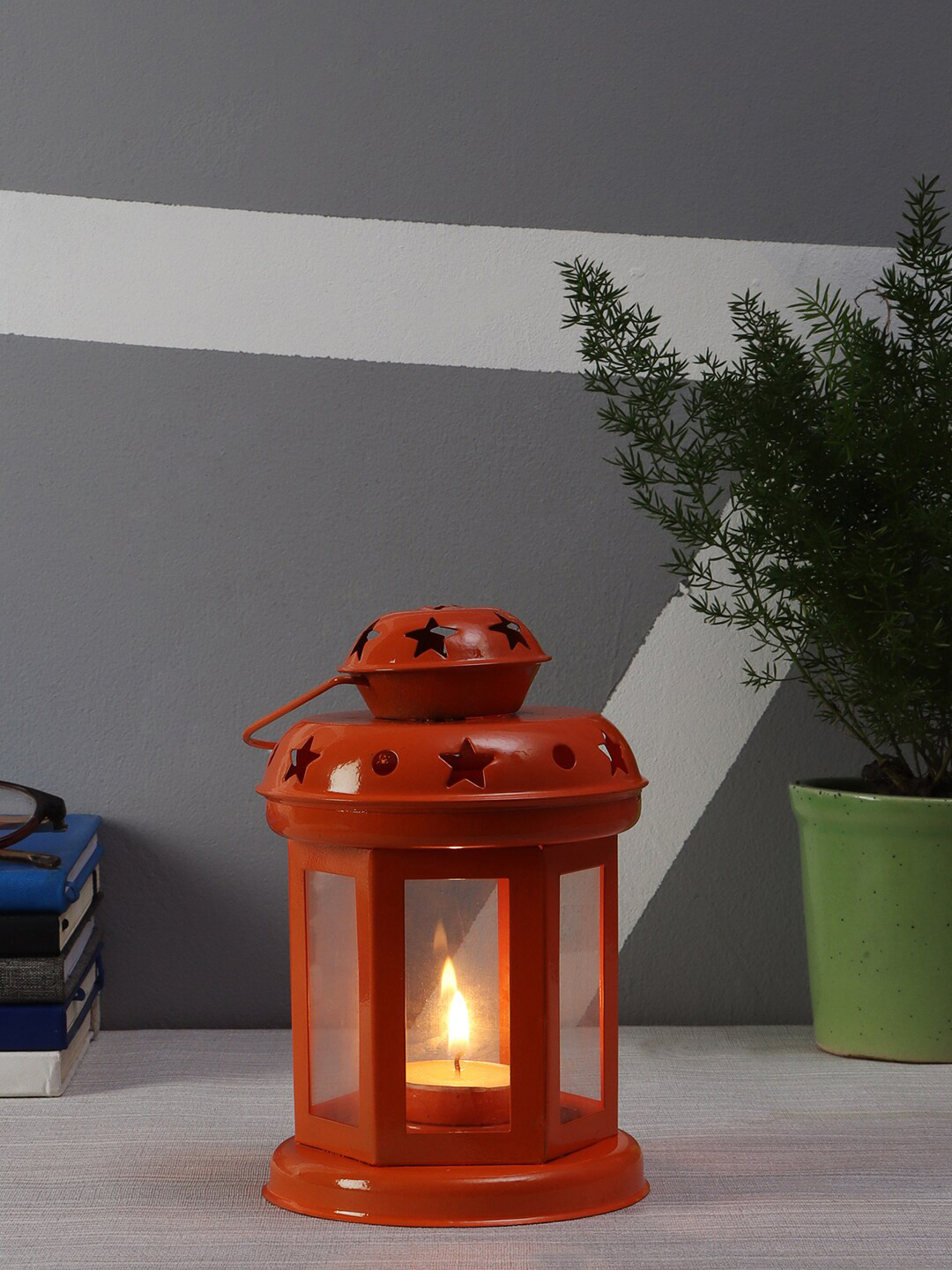 EXIM DECOR Orange Solid Metal T- Light Holder Traditional Table Lantern