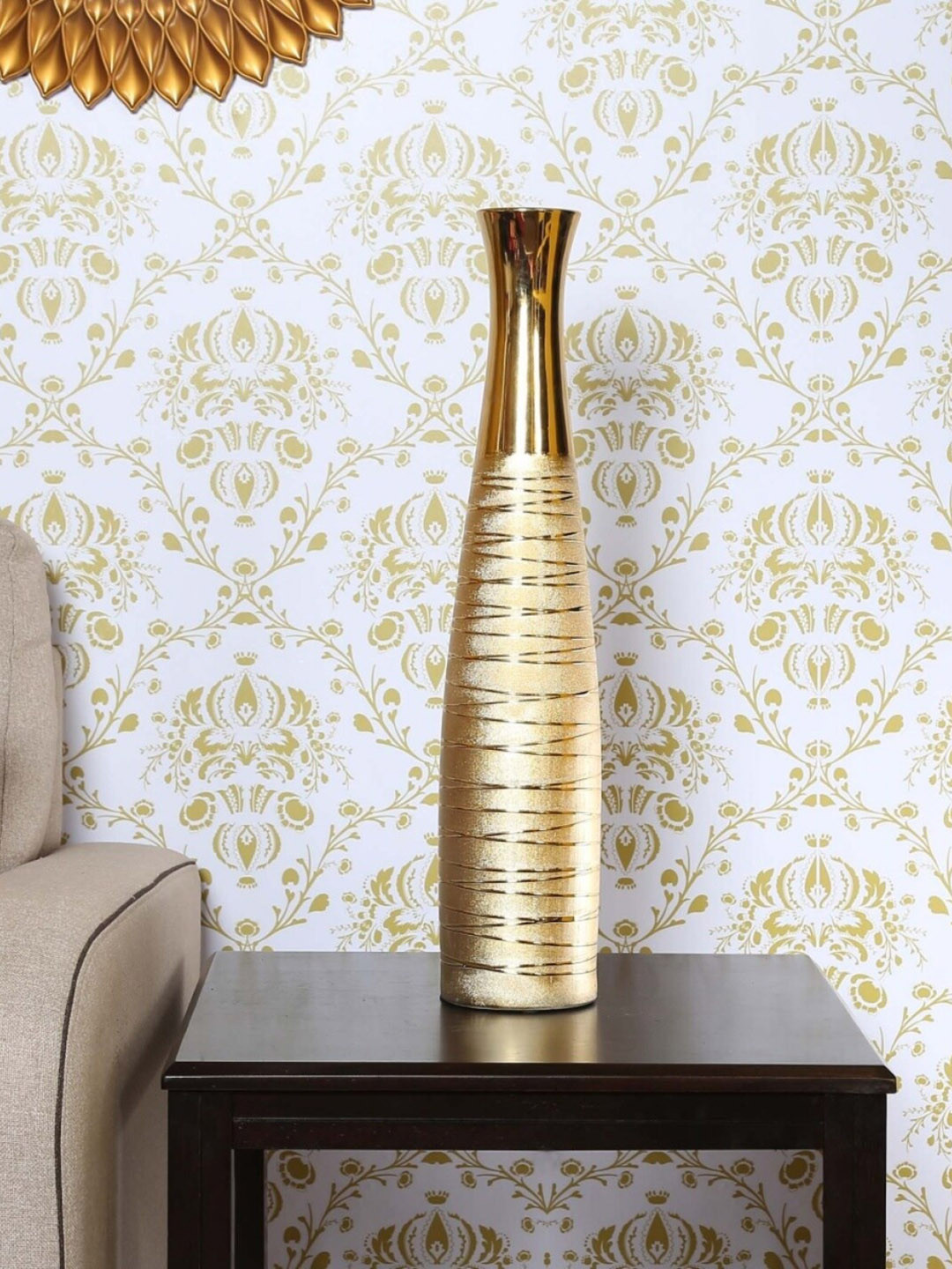 Home Centre Gold-Toned Brit Fara Ceramic Striped Vase