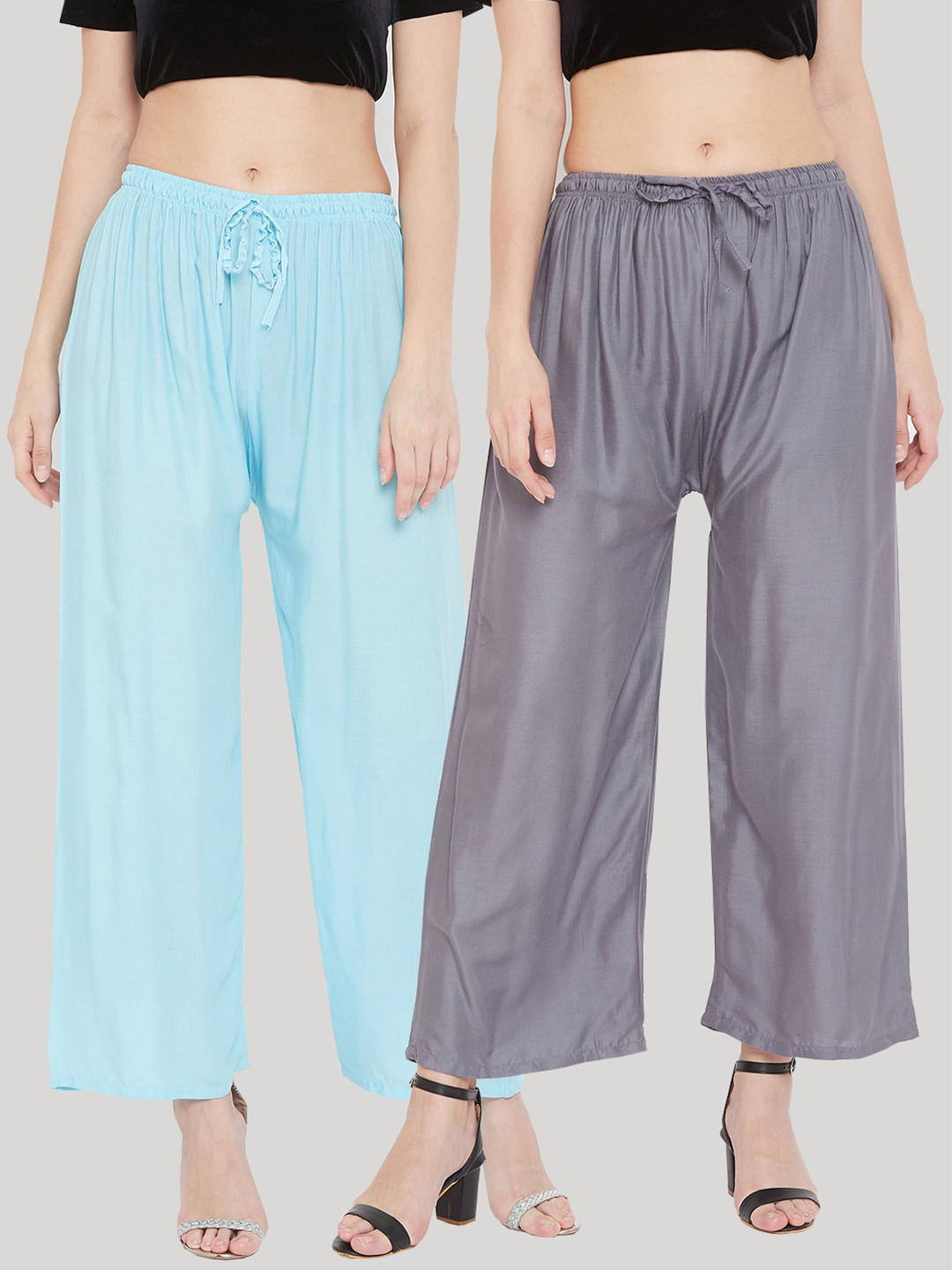 Clora Creation Women Pack of 2 Grey & Turquoise Blue 2 Knitted Palazzos